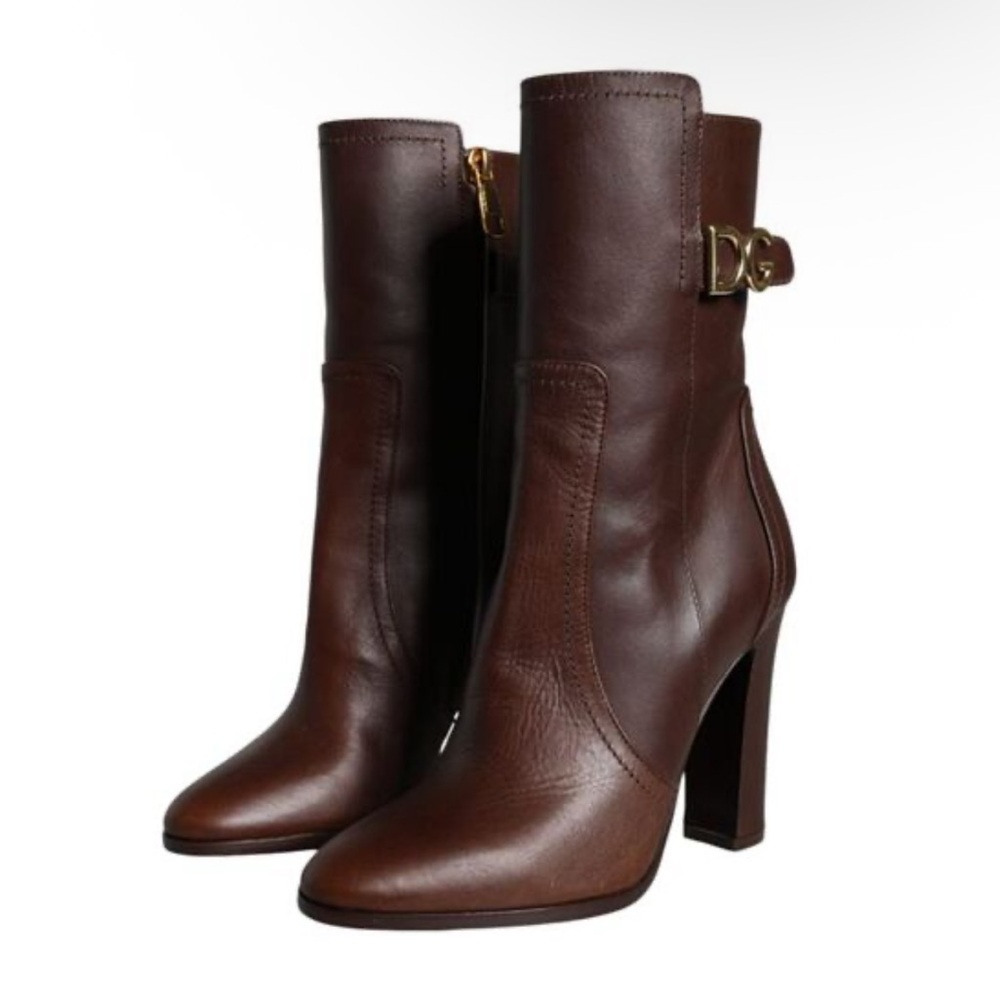 Dolce & Gabbana Authentic Brown Mid Calf High Heeled Booties Boots DG Logo 35 5